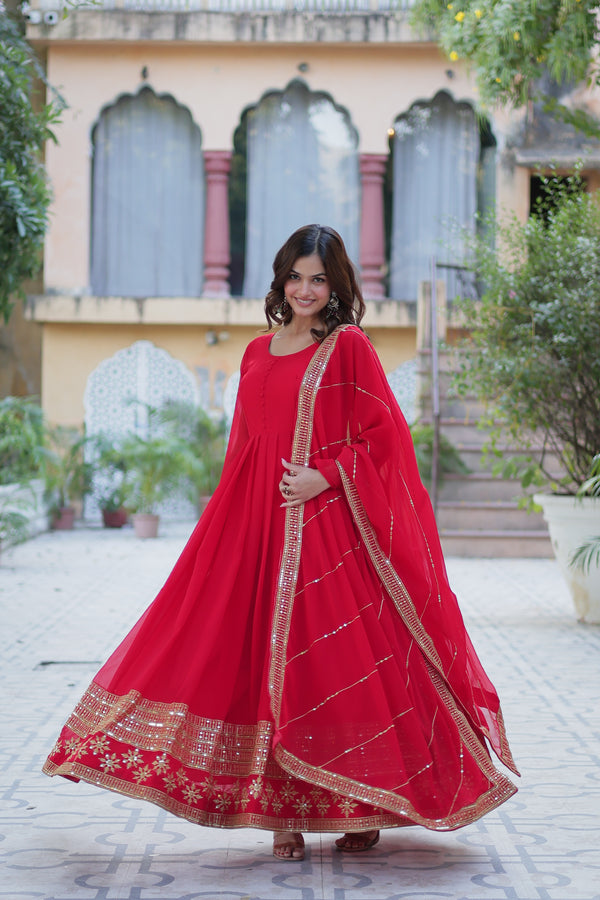 Readymade Faux Blooming Georgette Gown With Multi-Sequins Embroidery Matching Dupatta
