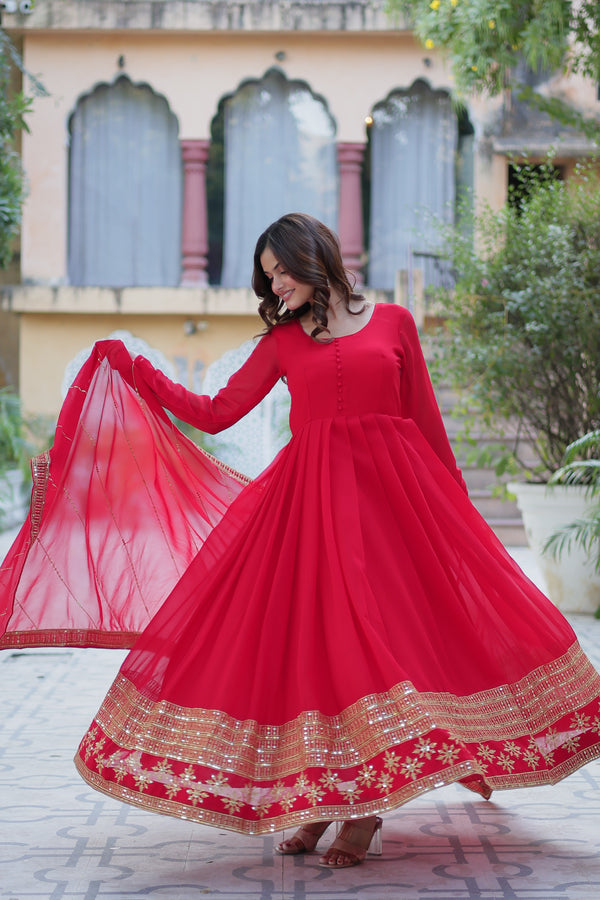 Readymade Faux Blooming Georgette Gown With Multi-Sequins Embroidery Matching Dupatta
