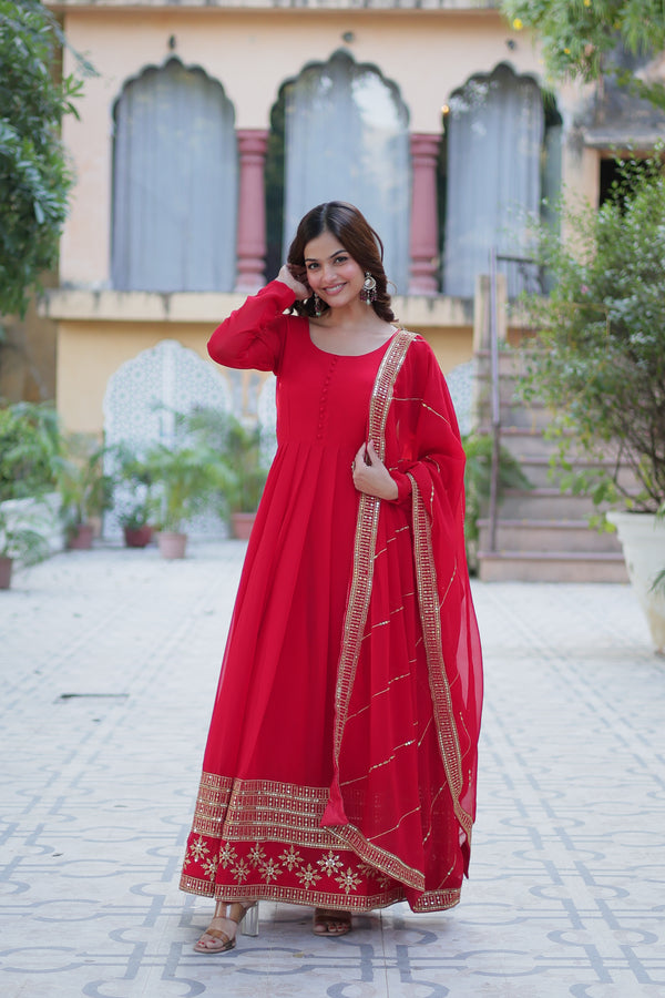 Readymade Faux Blooming Georgette Gown With Multi-Sequins Embroidery Matching Dupatta