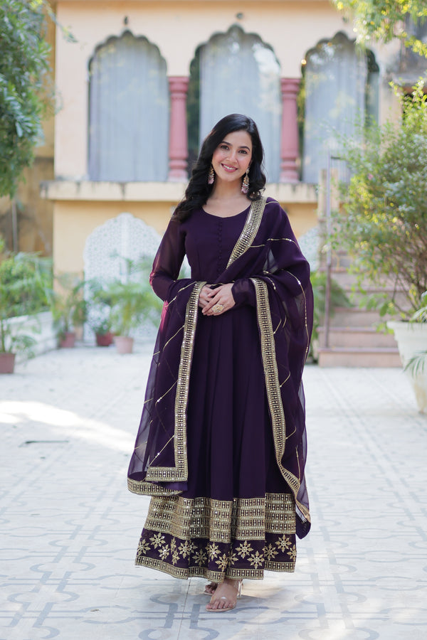 Readymade Faux Blooming Georgette Gown With Multi-Sequins Embroidery Matching Dupatta