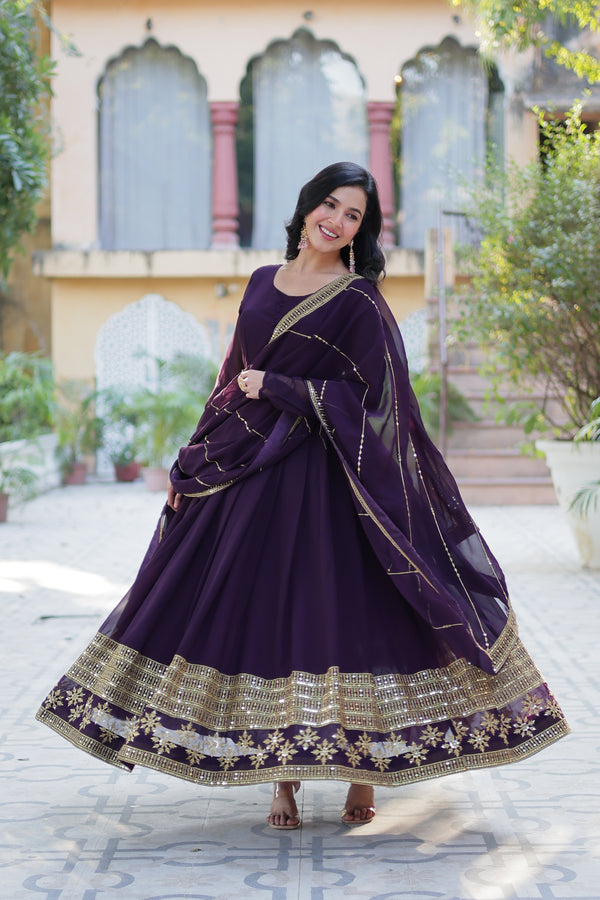 Readymade Faux Blooming Georgette Gown With Multi-Sequins Embroidery Matching Dupatta