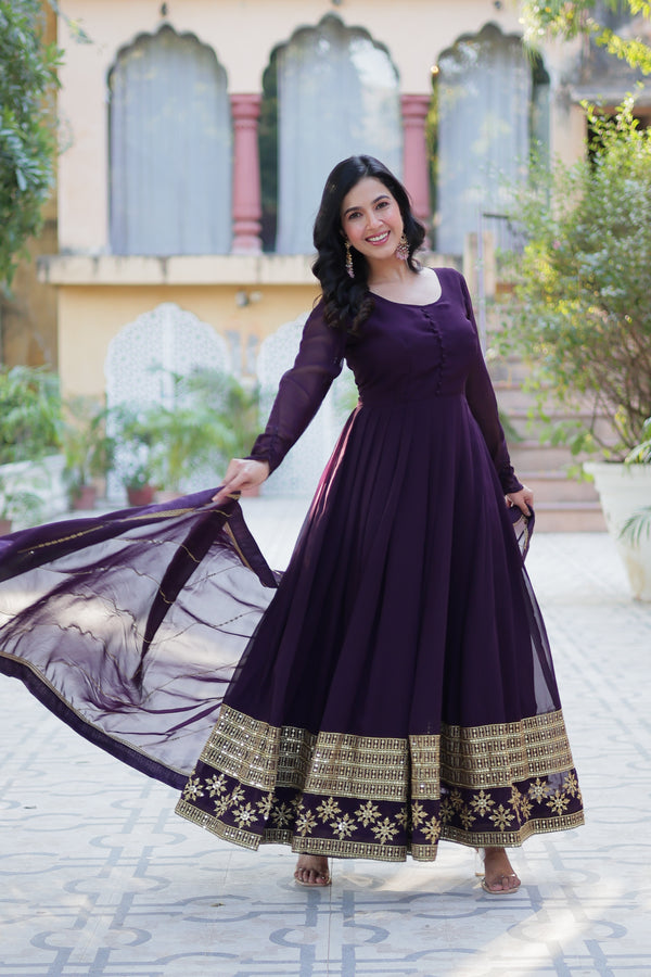 Readymade Faux Blooming Georgette Gown With Multi-Sequins Embroidery Matching Dupatta