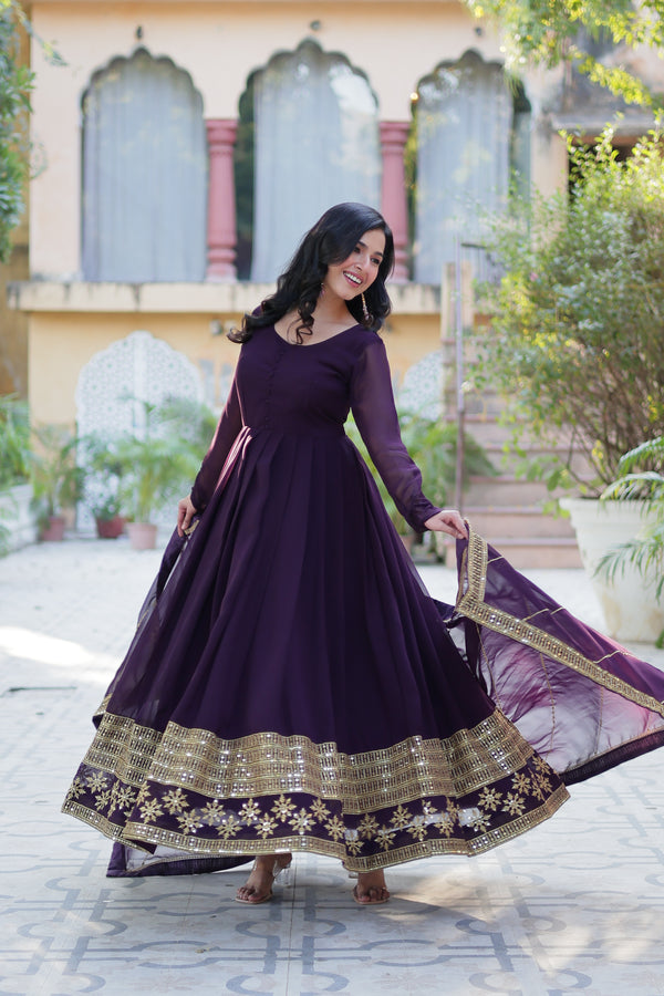 Readymade Faux Blooming Georgette Gown With Multi-Sequins Embroidery Matching Dupatta