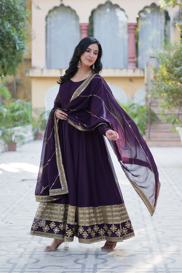 Readymade Faux Blooming Georgette Gown With Multi-Sequins Embroidery Matching Dupatta
