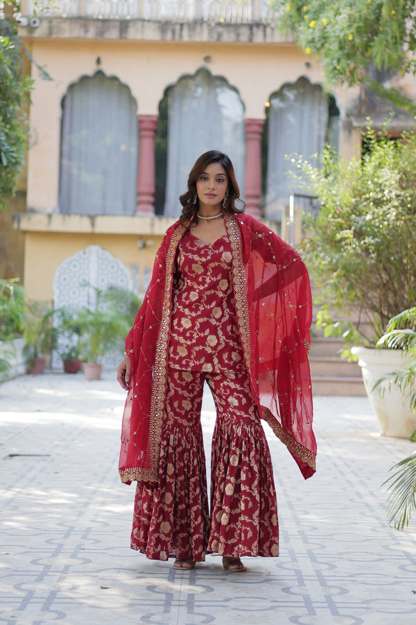 Eid Special Stitched Viscose Georgette Kurta Garara Set with Jacquard & Sequins Embroidered DupattaWork