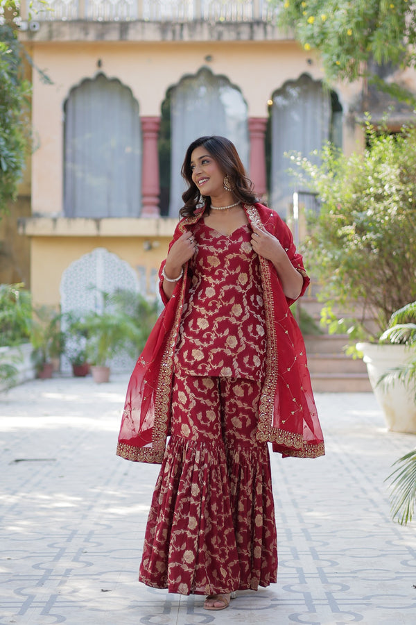 Eid Special Stitched Viscose Georgette Kurta Garara Set with Jacquard & Sequins Embroidered DupattaWork