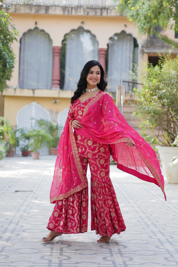 Eid Special Stitched Viscose Georgette Kurta Garara Set with Jacquard & Sequins Embroidered DupattaWork