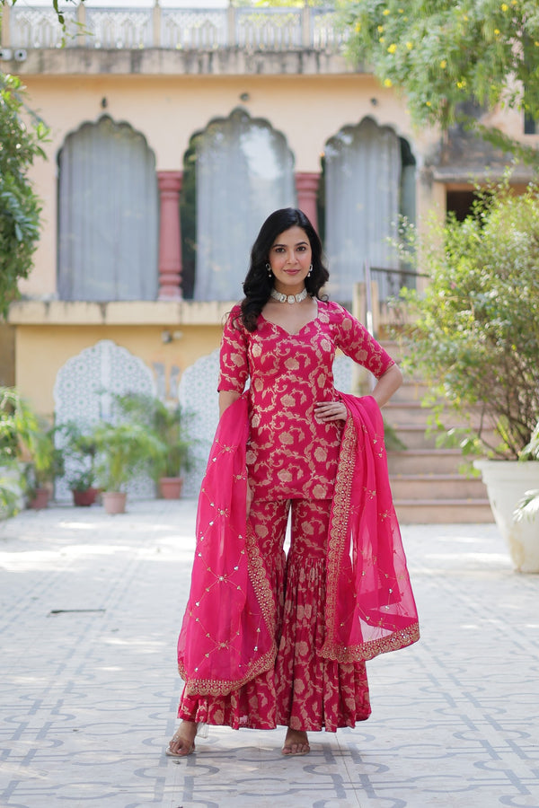 Eid Special Stitched Viscose Georgette Kurta Garara Set with Jacquard & Sequins Embroidered DupattaWork