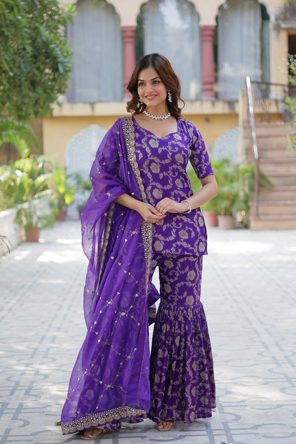 Eid Special Stitched Viscose Georgette Kurta Garara Set with Jacquard & Sequins Embroidered DupattaWork