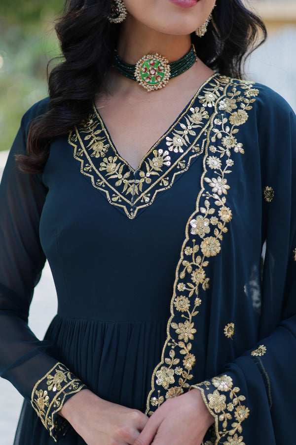 Premimum Designer Readymade Gown Collection Faux Blooming Gown with Zari Thread & Sequins Embroidery