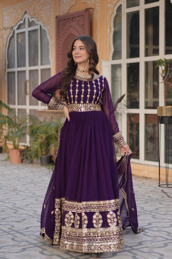 Premium Designer Readymade Gown with Dupatta Embroidered Zari & Sequins Work
