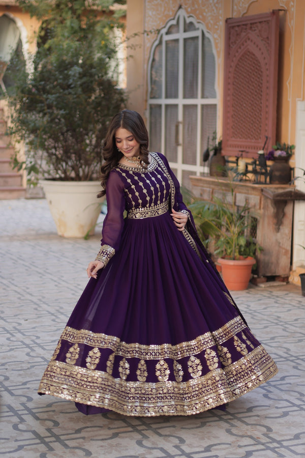 Premium Designer Readymade Gown with Dupatta Embroidered Zari & Sequins Work