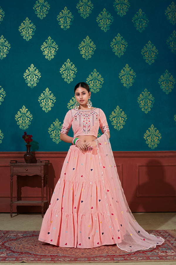 Peach Cotton Lehenga with Thread & Sequin Embroidery Work And Net Dupatta