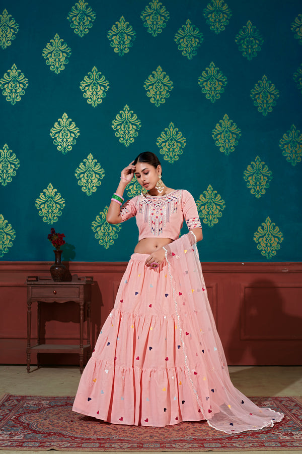 Peach Cotton Lehenga with Thread & Sequin Embroidery Work And Net Dupatta