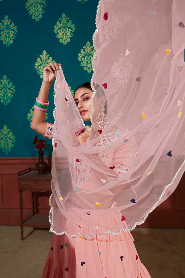 Peach Cotton Lehenga with Thread & Sequin Embroidery Work And Net Dupatta