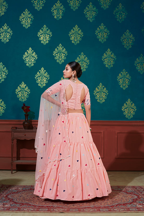 Peach Cotton Lehenga with Thread & Sequin Embroidery Work And Net Dupatta