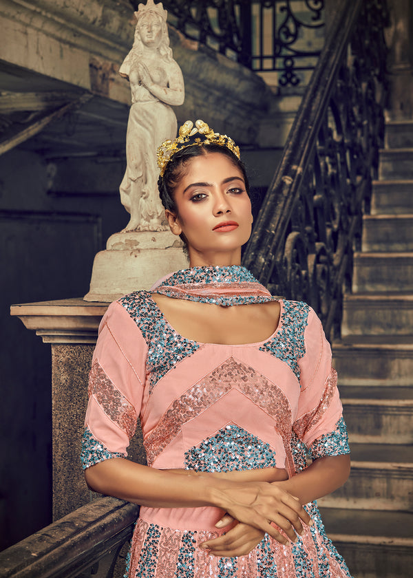 Peach Sequin Embroidery Work And Net Lehenga with Net Dupatta