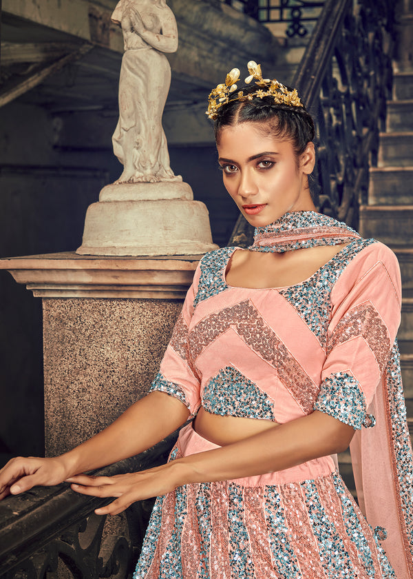 Peach Sequin Embroidery Work And Net Lehenga with Net Dupatta