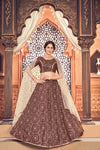 Deep Maroon & Beige Taffeta Silk Lehenga with Metallic Foil & Sequence Embroidery