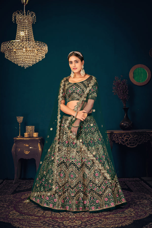 Dark Green Georgette Lehenga with Multi Thread, Sequence & Gota Patti Embroidery Work & Net Dupatta