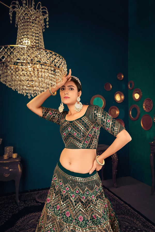 Dark Green Georgette Lehenga with Multi Thread, Sequence & Gota Patti Embroidery Work & Net Dupatta