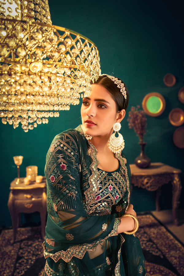 Dark Green Georgette Lehenga with Multi Thread, Sequence & Gota Patti Embroidery Work & Net Dupatta
