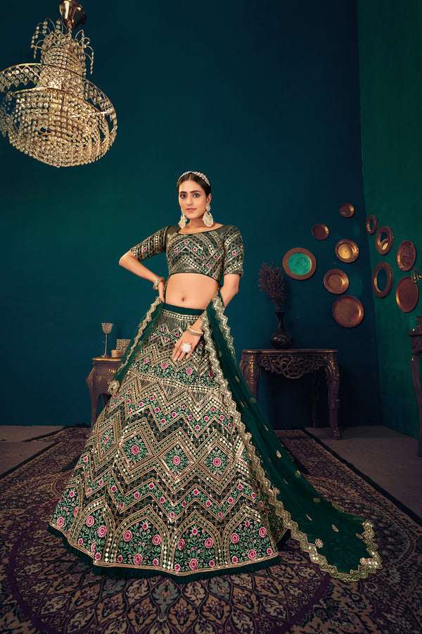 Dark Green Georgette Lehenga with Multi Thread, Sequence & Gota Patti Embroidery Work & Net Dupatta