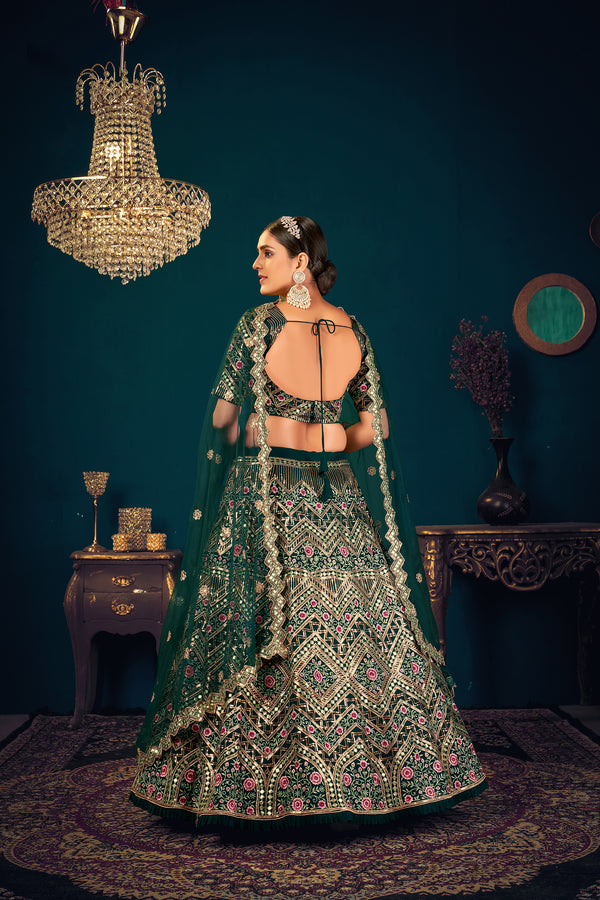 Dark Green Georgette Lehenga with Multi Thread, Sequence & Gota Patti Embroidery Work & Net Dupatta