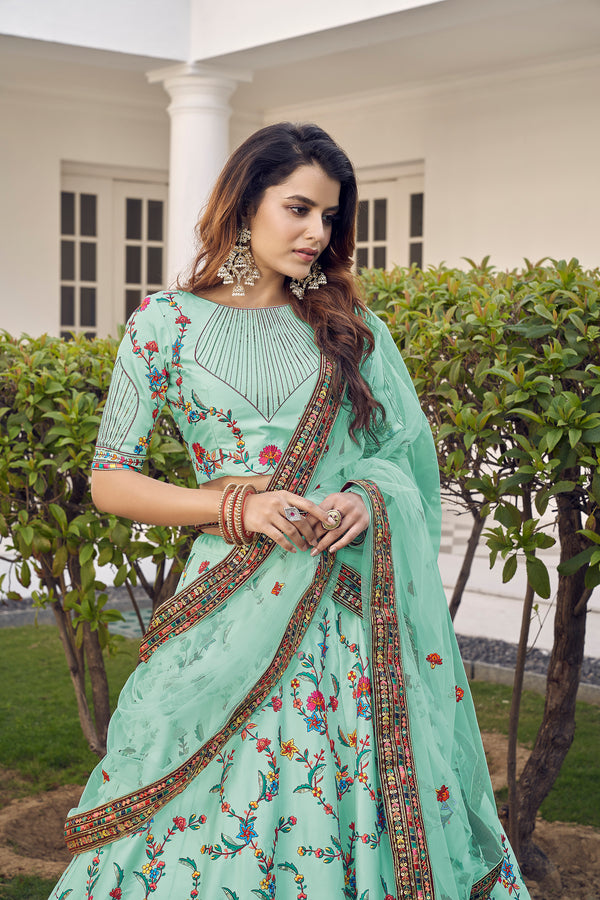 Pista Green Silk Lehenga with Exquisite Thread & Sequin Embroidered Work