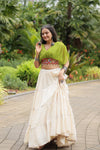 Pista Green Leheriya Print & Kutchi Patchwork with Off White Readymade Cotton Lehenga Choli for Navratri