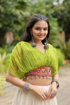 Pista Green Leheriya Print & Kutchi Patchwork with Off White Readymade Cotton Lehenga Choli for Navratri