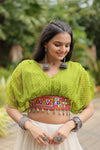 Pista Green Leheriya Print & Kutchi Patchwork with Off White Readymade Cotton Lehenga Choli for Navratri