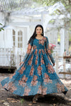 Luxury Designer Gown Teal Faux Georgette Floral Print with Zari & Sequins Embroidery