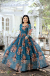 Luxury Designer Gown Teal Faux Georgette Floral Print with Zari & Sequins Embroidery