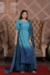 Teal Maslin Crochet & Chinnon Fabric with Floral Print Designer Readymade Nayra Cut Plazo Kurti