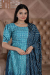 Teal Maslin Crochet & Chinnon Fabric with Floral Print Designer Readymade Nayra Cut Plazo Kurti