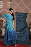 Teal Maslin Crochet & Chinnon Fabric with Floral Print Designer Readymade Nayra Cut Plazo Kurti