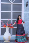 Navy Blue Dola Silk Gown with Patola Designer Foil Print and Short Sleeves for Festive & Occasion Wear