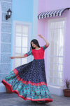 Navy Blue Dola Silk Gown with Patola Designer Foil Print and Short Sleeves for Festive & Occasion Wear