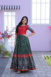 Green Dola Silk Gown with Patola Designer Foil Print and Short Sleeves for Festive & Occasion Wear