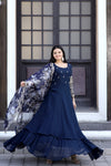 Navy Blue Faux Blooming Gown with Sequins & Multi Embroidered Work