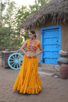 Navratri Special Yellow Rayon Lehenga Choli with Gamthi Embroidery Work and Koti