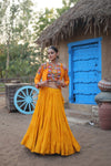 Navratri Special Yellow Rayon Lehenga Choli with Gamthi Embroidery Work and Koti