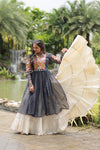 Designer Readymade Off-White Cotton Lehenga with Black Leheriya Kurti