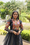 Designer Readymade Off-White Cotton Lehenga with Black Leheriya Kurti