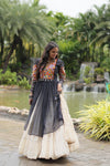 Designer Readymade Off-White Cotton Lehenga with Black Leheriya Kurti