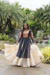 Designer Readymade Off-White Cotton Lehenga with Black Leheriya Kurti