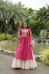 Designer Readymade Off-White Cotton Lehenga with Pink Leheriya Kurti