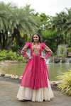 Designer Readymade Off-White Cotton Lehenga with Pink Leheriya Kurti