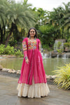 Designer Readymade Off-White Cotton Lehenga with Pink Leheriya Kurti